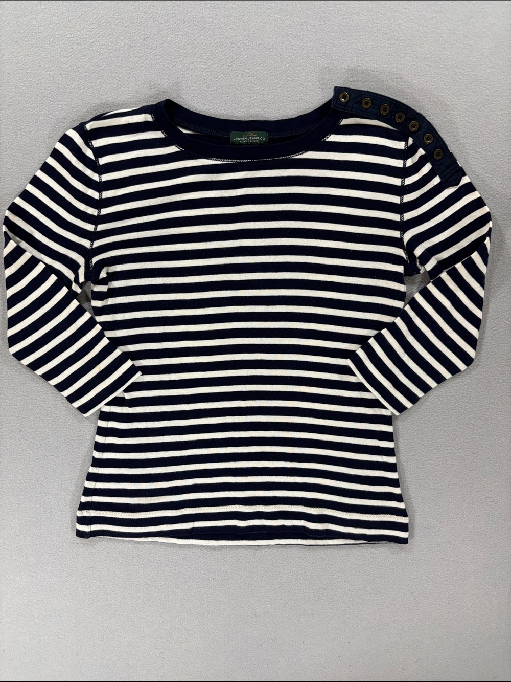 Lauren Jeans co Navy & White Striped Button-Shoulder Top